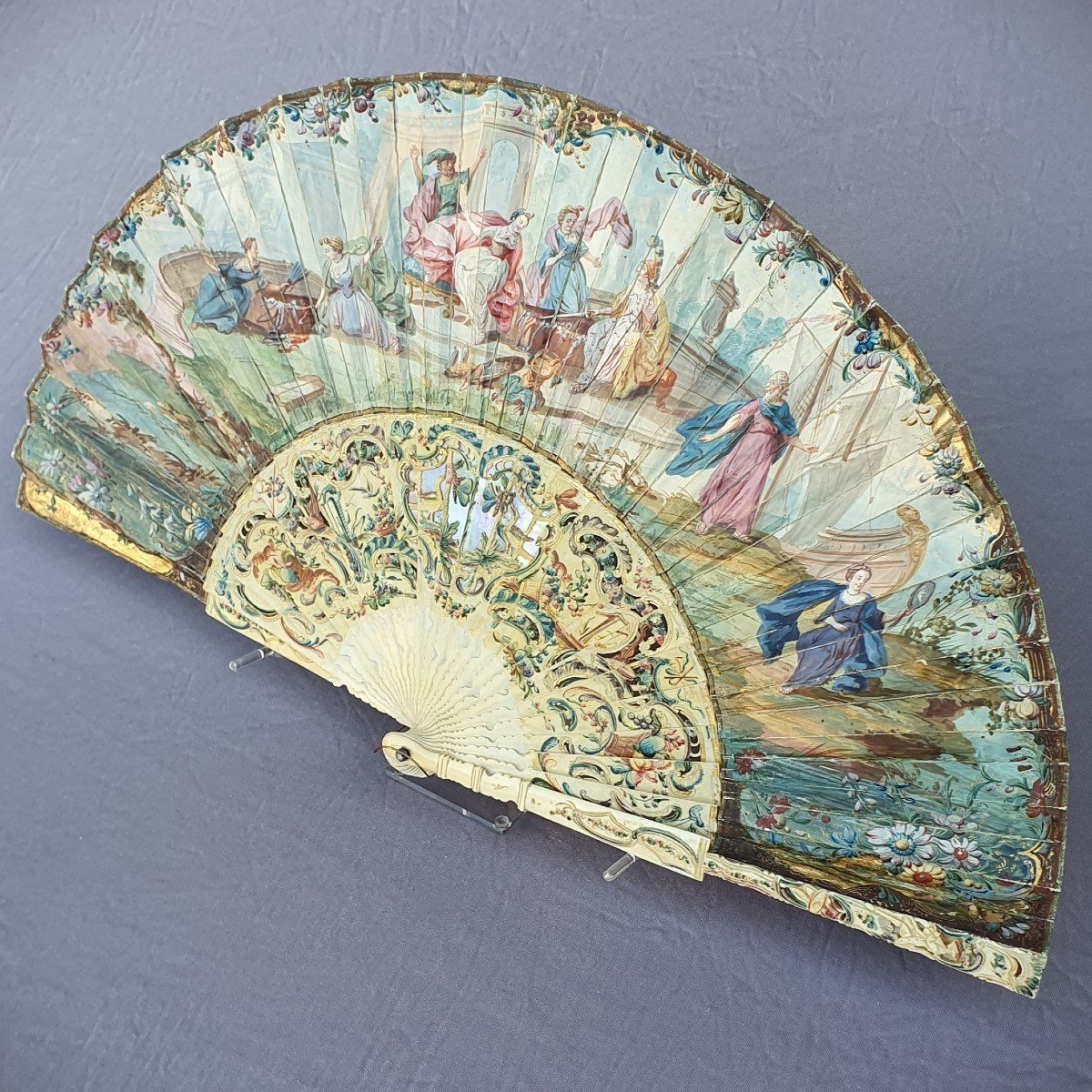 Antique Fan, Louis XV Period “achilles Among The Daughters Of Lycomedes”-photo-2