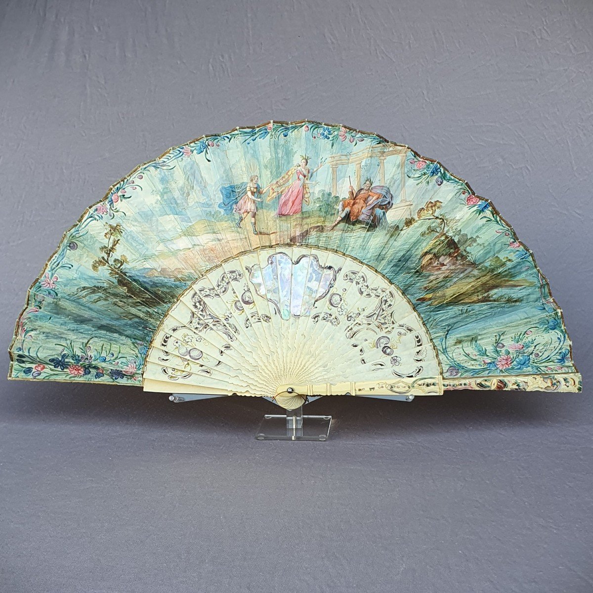 Antique Fan, Louis XV Period “achilles Among The Daughters Of Lycomedes”-photo-4