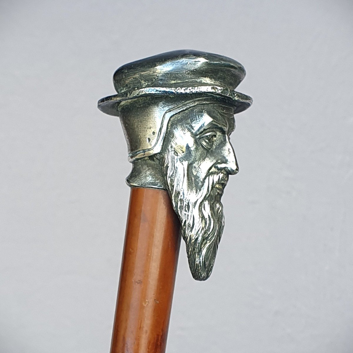 Antique Cane, Silver-plated Bronze Brain Teaser, Jean Calvin, Protestantism-photo-3