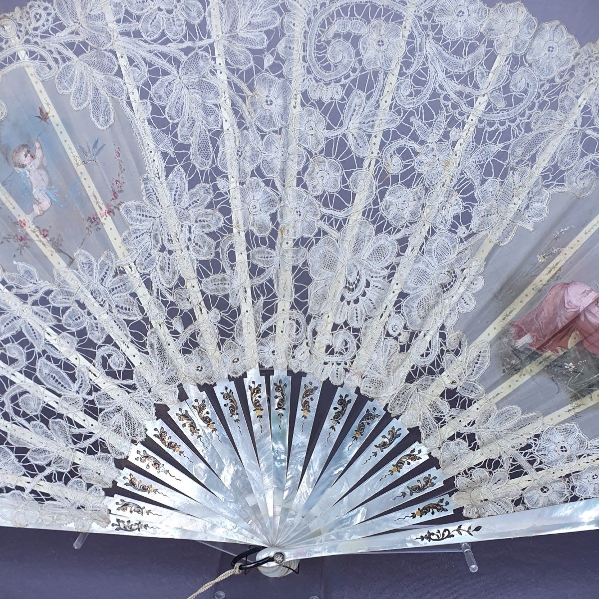 Antique Fan, Mother-of-pearl, Lace, Gouache, Circa 1890-photo-2