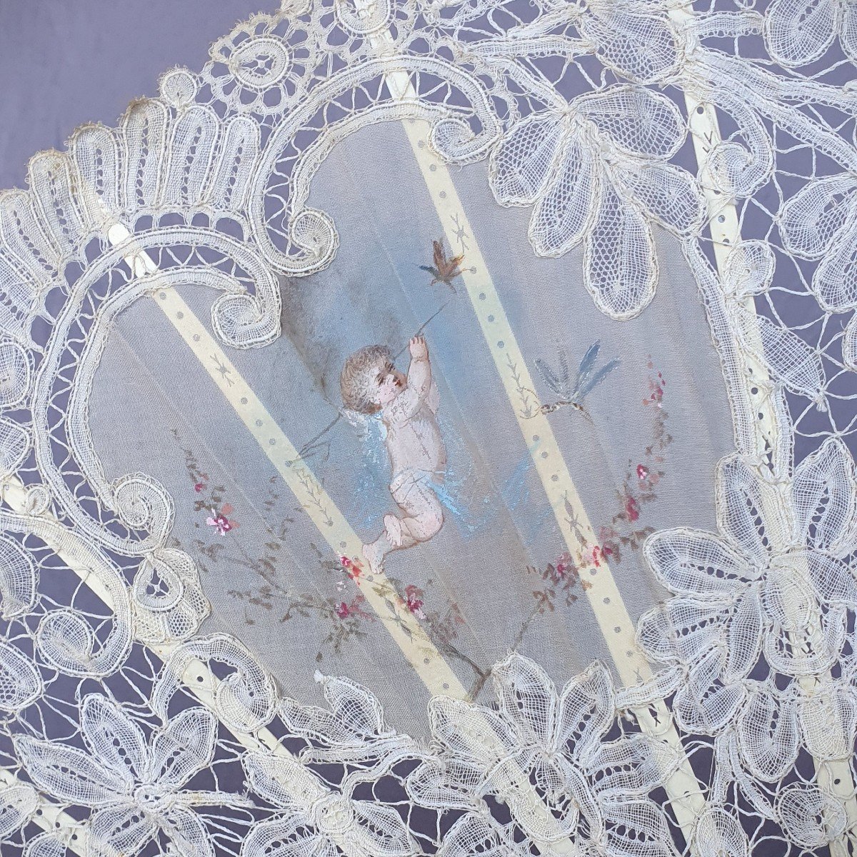 Antique Fan, Mother-of-pearl, Lace, Gouache, Circa 1890-photo-3