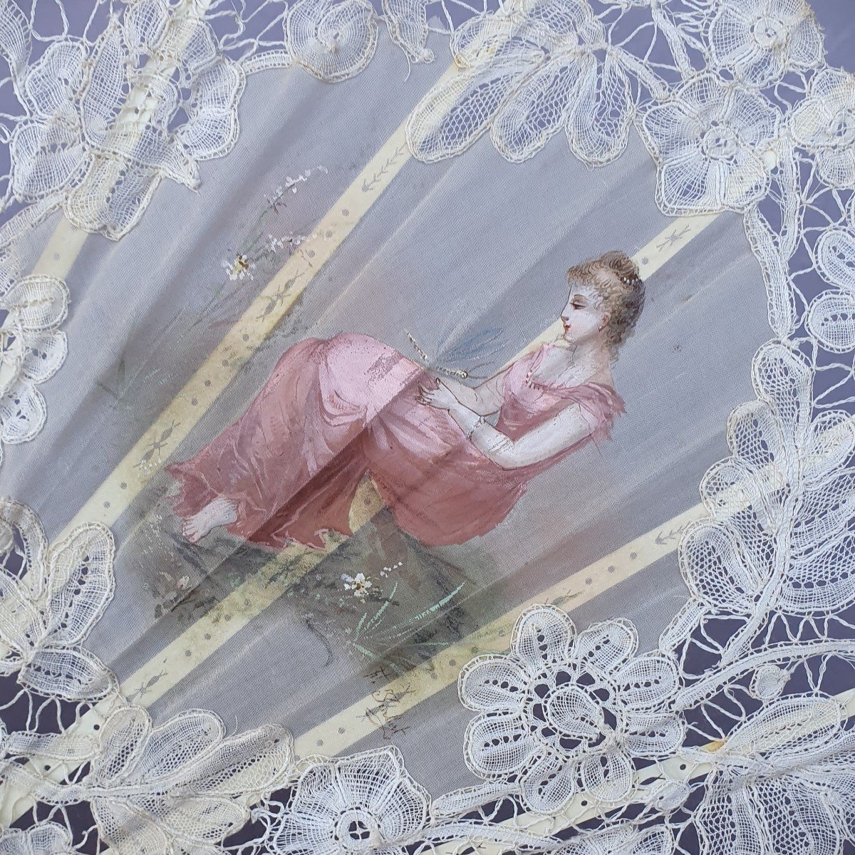 Antique Fan, Mother-of-pearl, Lace, Gouache, Circa 1890-photo-4