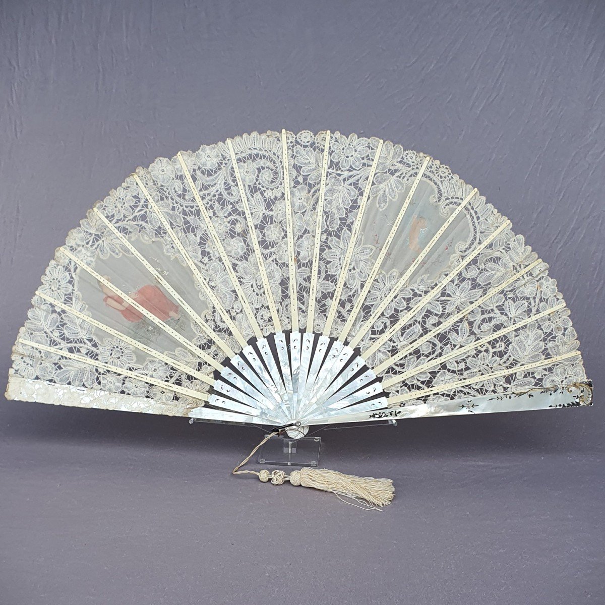 Antique Fan, Mother-of-pearl, Lace, Gouache, Circa 1890-photo-2