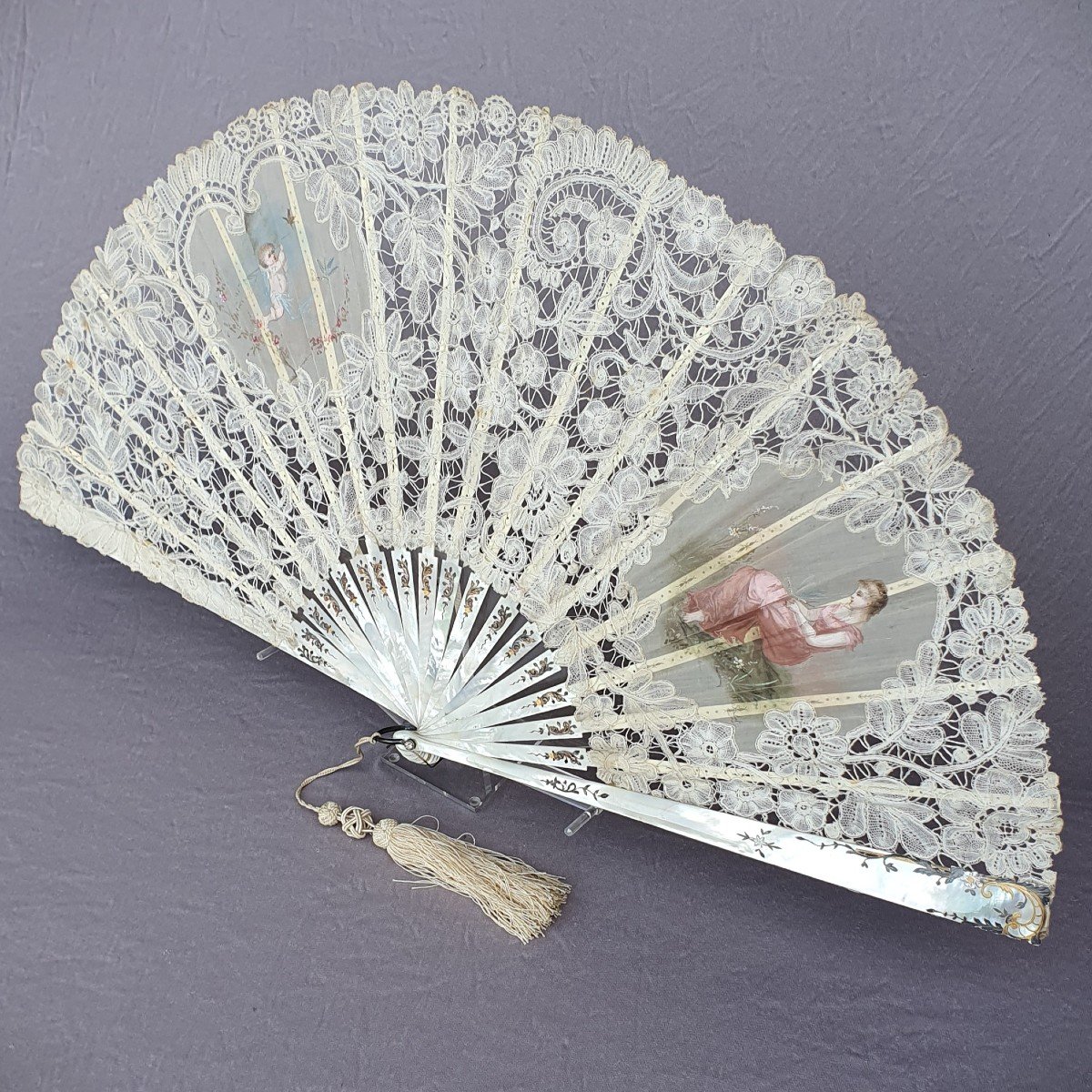 Antique Fan, Mother-of-pearl, Lace, Gouache, Circa 1890