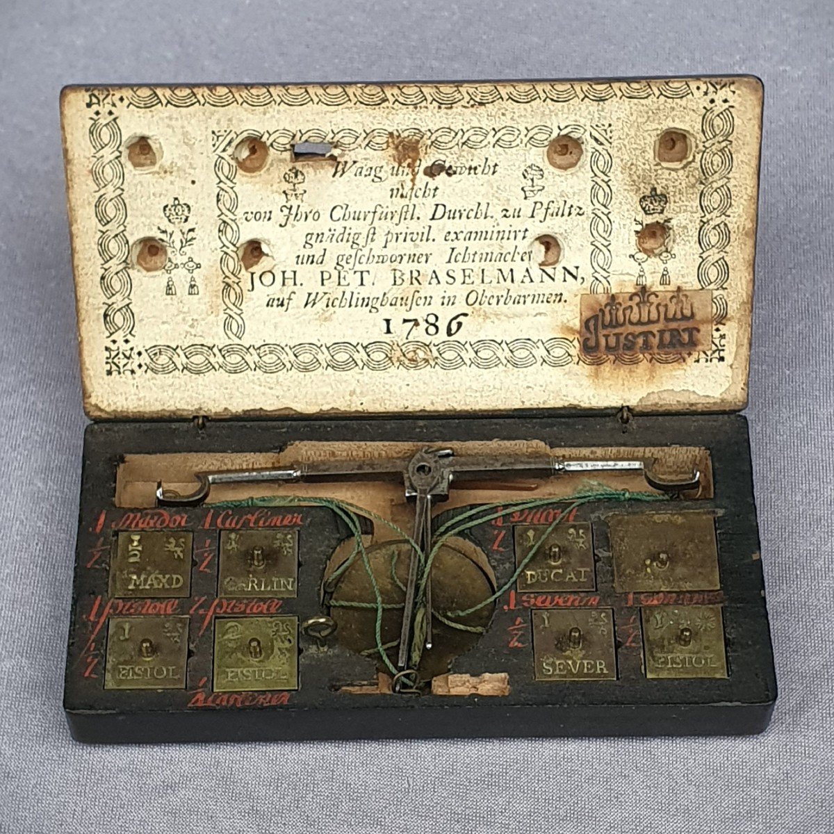 18th Century Trebuchet, Money Changer's Scale, Dated 1786, Complete With Its Weights