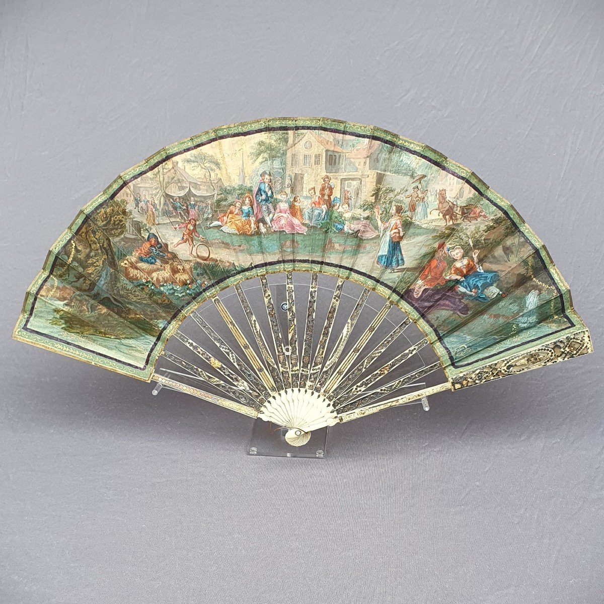 Antique Fan Circa 1780, Leaf Painted With A Village Festival Scene-photo-2