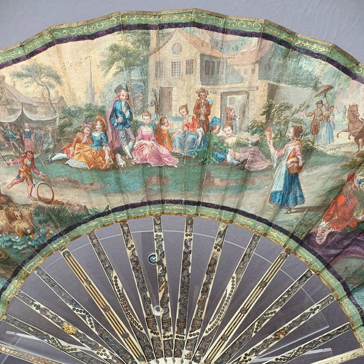 Antique Fan Circa 1780, Leaf Painted With A Village Festival Scene-photo-3