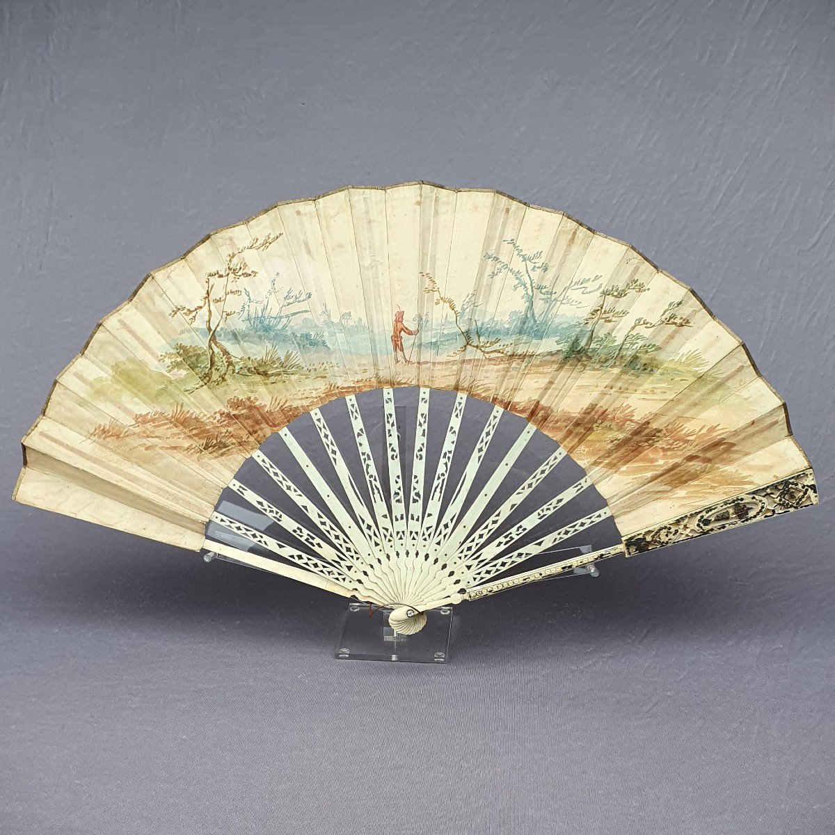 Antique Fan Circa 1780, Leaf Painted With A Village Festival Scene-photo-4