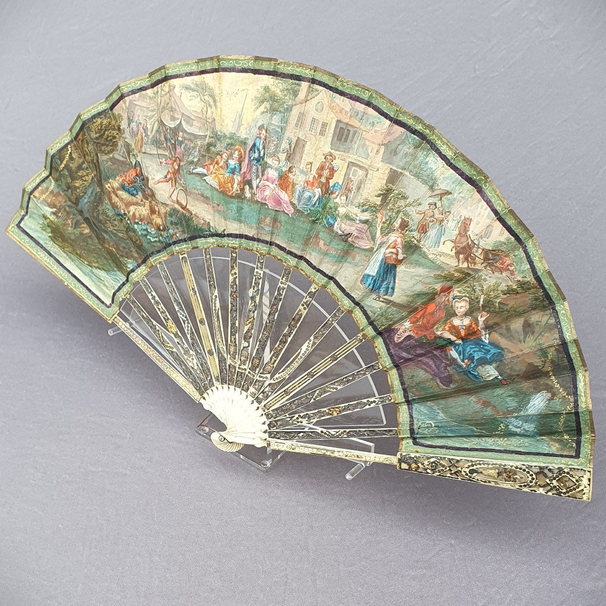 Antique Fan Circa 1780, Leaf Painted With A Village Festival Scene-photo-5