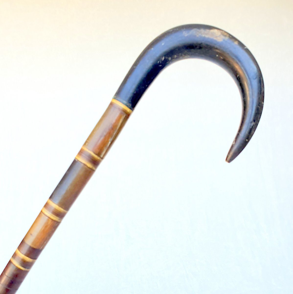 19th Century Victorian Carved Horn and Gold Filled Cane Walking Stick