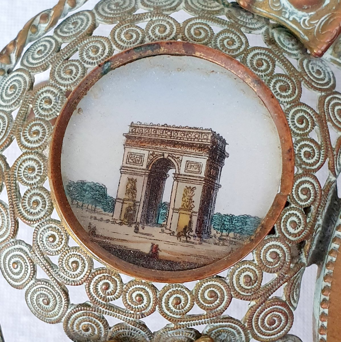 Fixed Under Glass, 9 Painted Miniatures Fixed Under Glass Monuments Of Paris, 19th Century-photo-4