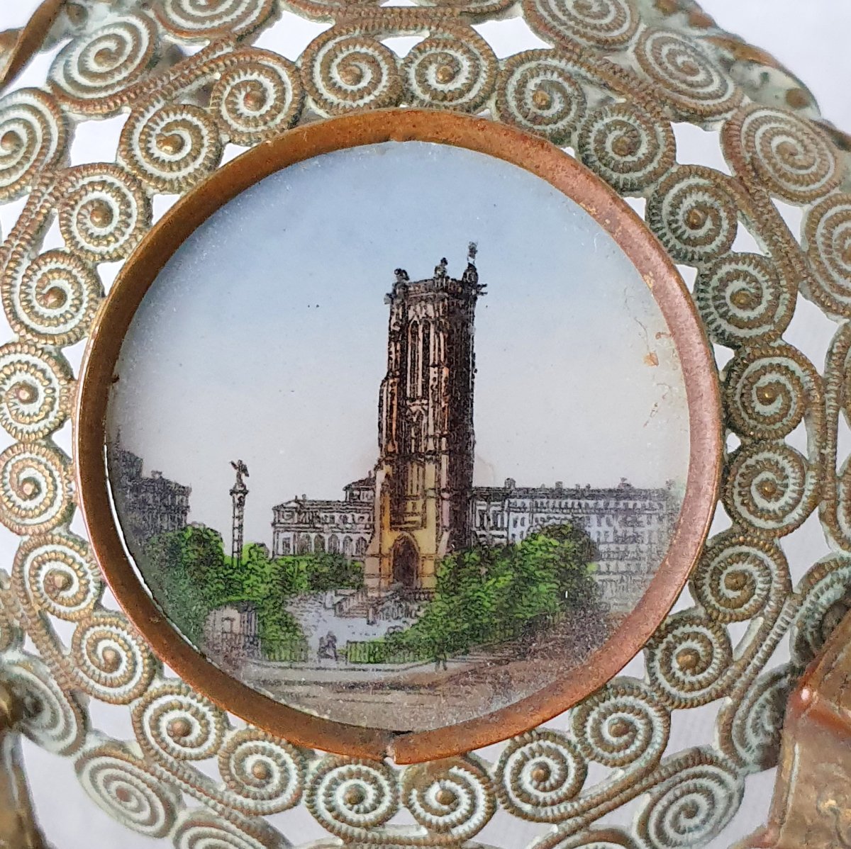 Fixed Under Glass, 9 Painted Miniatures Fixed Under Glass Monuments Of Paris, 19th Century-photo-1