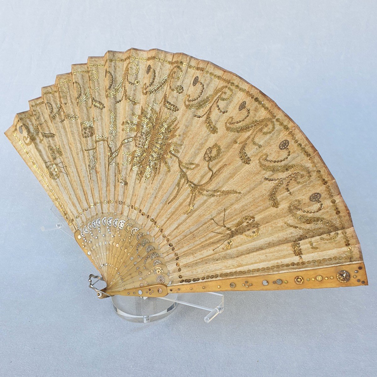 Antique18 Th Century Fan, Sequined Silk, Horn, Circa 1795-photo-4