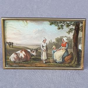 Miniature In Fixed Under Glass, Cows And Farmers, 19th Century
