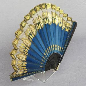 Antique Fan, Blue Silk, Tulle And Gold Sequins, Circa 1800