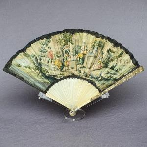 Antique 18th Century Fan, Circa 1725, Villagers At The Fountain