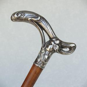 Art Nouveau Cane Silver Handle Woman's Face With Long Hair