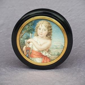 Boite avec miniature, enfant au carquois, vers 1850