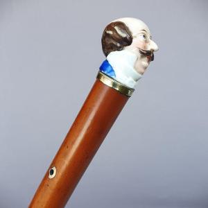 Antique Cane With Porcelain Knob, Silver Ring, Early 19th Century