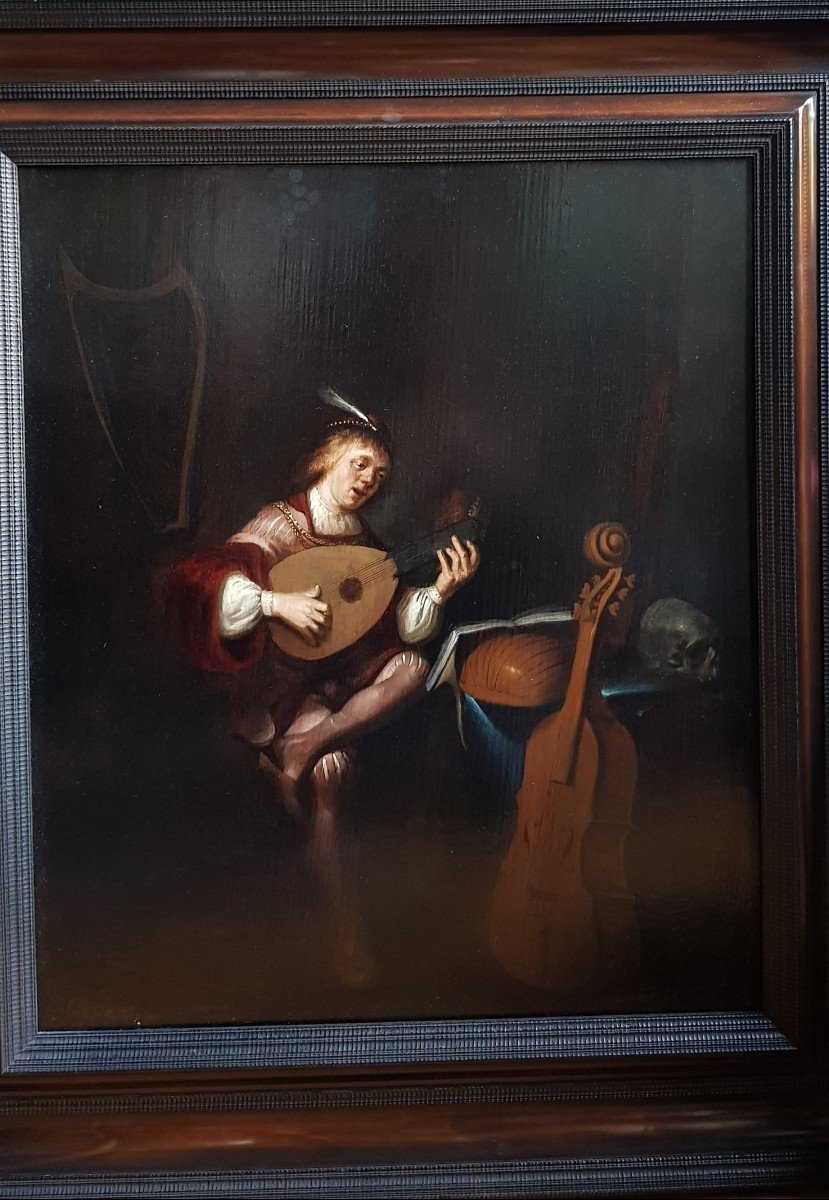 Peintre Ancien XVIIe école De Leyde, Vers 1645 Le Joueur De Luth, Huile Sur Panneau-photo-6