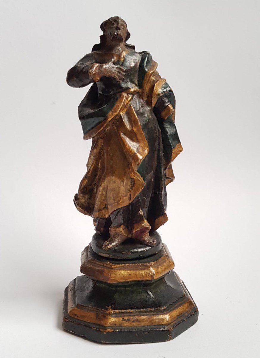 Petite Sculpture Baroque En Bois Polychrome d'Un Saint Du XVIIIe Siècle  Bois Sculpté