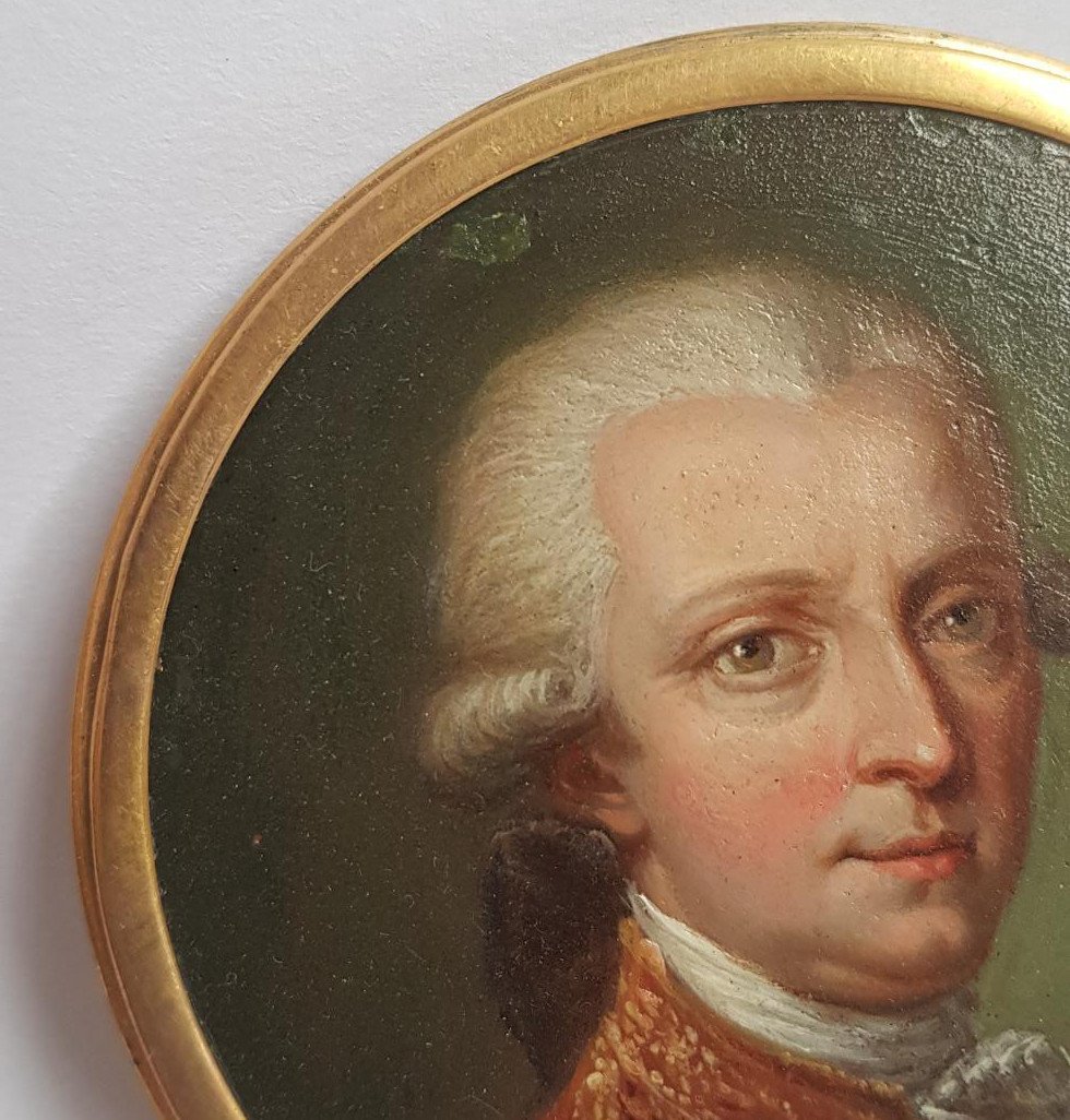 Artiste Français (ou Autrichien ?) Vers 1760 Portrait Miniature d'Un Noble Huile Sur Cuivre-photo-1