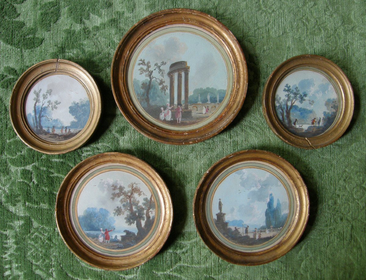 Set Of Five 18th Century Circular Landscape Old Master Drawings Jpll Houël 1735-1813 Dated 1784