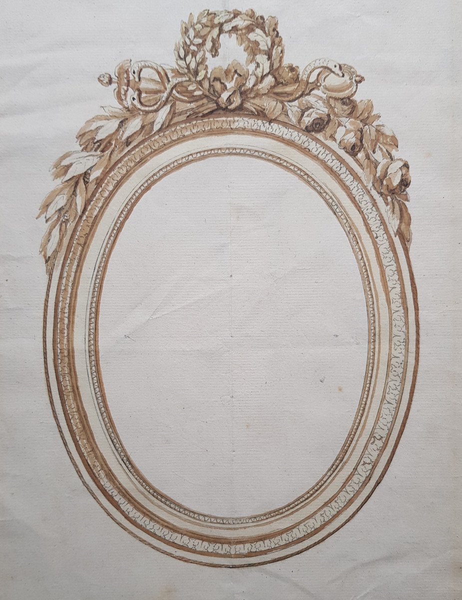 Important And Published 18th Century Drawing French School, Ca 1770 Design For An Oval Frame