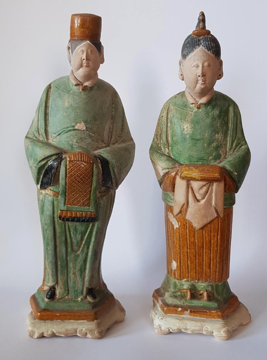 Two Chinese Ming Dynasty C.1600 Sancai Glazed Terracotta Attendant Figures  Late Ming Dynasty 