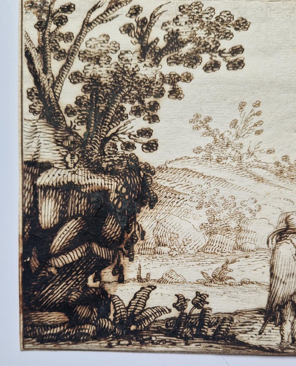 Italian Old Master Drawing 17th C. Attr To Remigio Cantagallina (c. 1582 – 1656) Landscape -photo-4