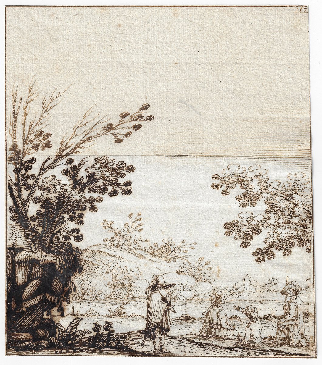 Italian Old Master Drawing 17th C. Attr To Remigio Cantagallina (c. 1582 – 1656) Landscape 