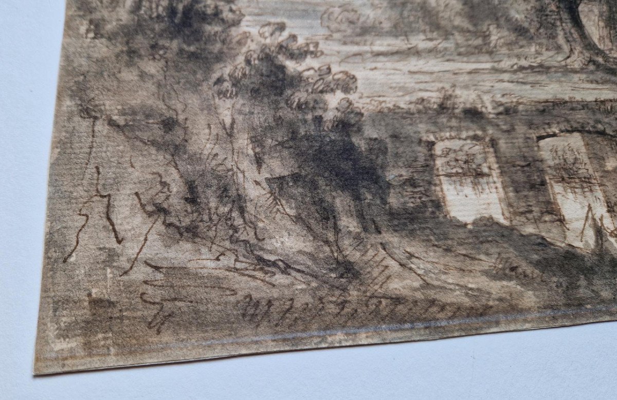 Dessin De Maître Ancien Du XVIIIe Siècle, Peut-être Français ? Paysage Boisé -photo-2