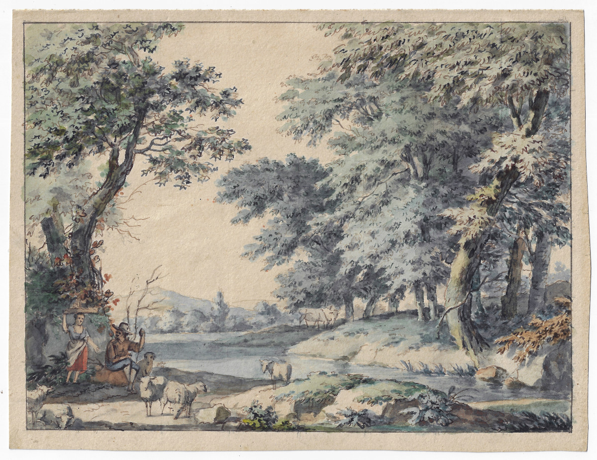 Dessin Ancien Par Anthonie Andriessen (amsterdam 1746–1813) Paysage Italianisant Avec Bergers  -photo-2