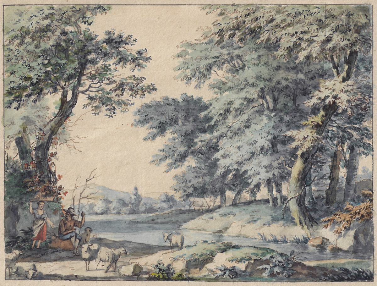 Dessin Ancien Par Anthonie Andriessen (amsterdam 1746–1813) Paysage Italianisant Avec Bergers  