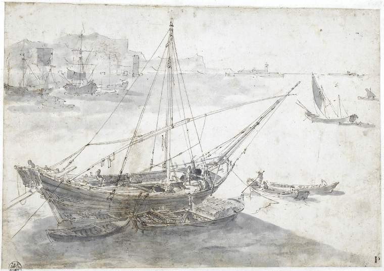 Dessin Ancien Par Abraham Casembroot (bruges? C. 1593 - 1658 Messine)  Matelots Levant Un Mât  -photo-1