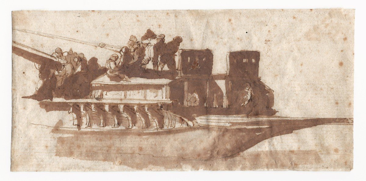 Dessin Ancien Par Abraham Casembroot (bruges? C. 1593 - 1658 Messine)  Matelots Levant Un Mât  