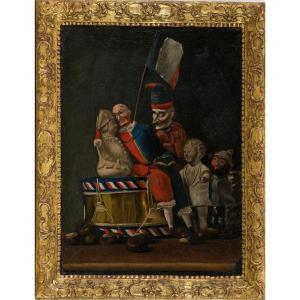 Peinture Ancienécole Française, Fin Du XVIIIe Siècle Personnages Masqués Ridiculisant Louis XVI