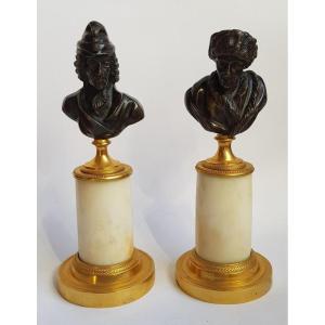 Pair Of Bronze Busts: Voltaire And Rousseau, French 18th Century Circa 1770