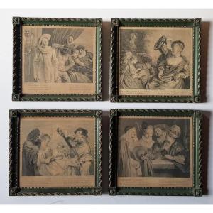 Set Of Four Framed Engravings From The 18th Century After Antoine Watteau (1684-1721) 