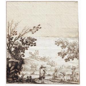 Italian Old Master Drawing 17th C. Attr To Remigio Cantagallina (c. 1582 – 1656) Landscape 