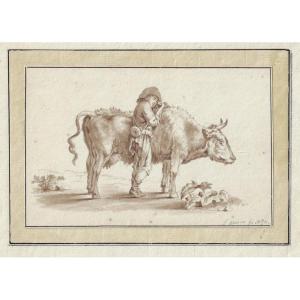 Dessin Ancien XIXe Par Stephanus Greeve (amersfoort 1760 – Après 1815) Bouvier Et Vache