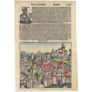 15th C Woodcut Sheet With View Of Tivoli From The Nuremberg Chronicle 1493