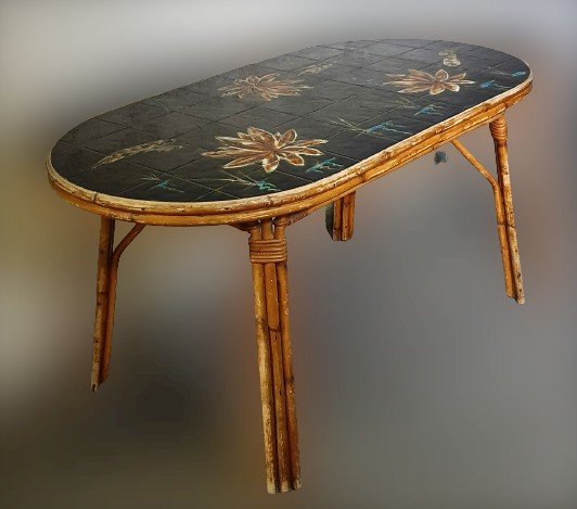 Table en rotin et céramique  Georges Chassin Vallauris dans le style Audoux Minnet 