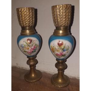 Pair Of Napoleon III Candlesticks, Bronze And Porcelain 