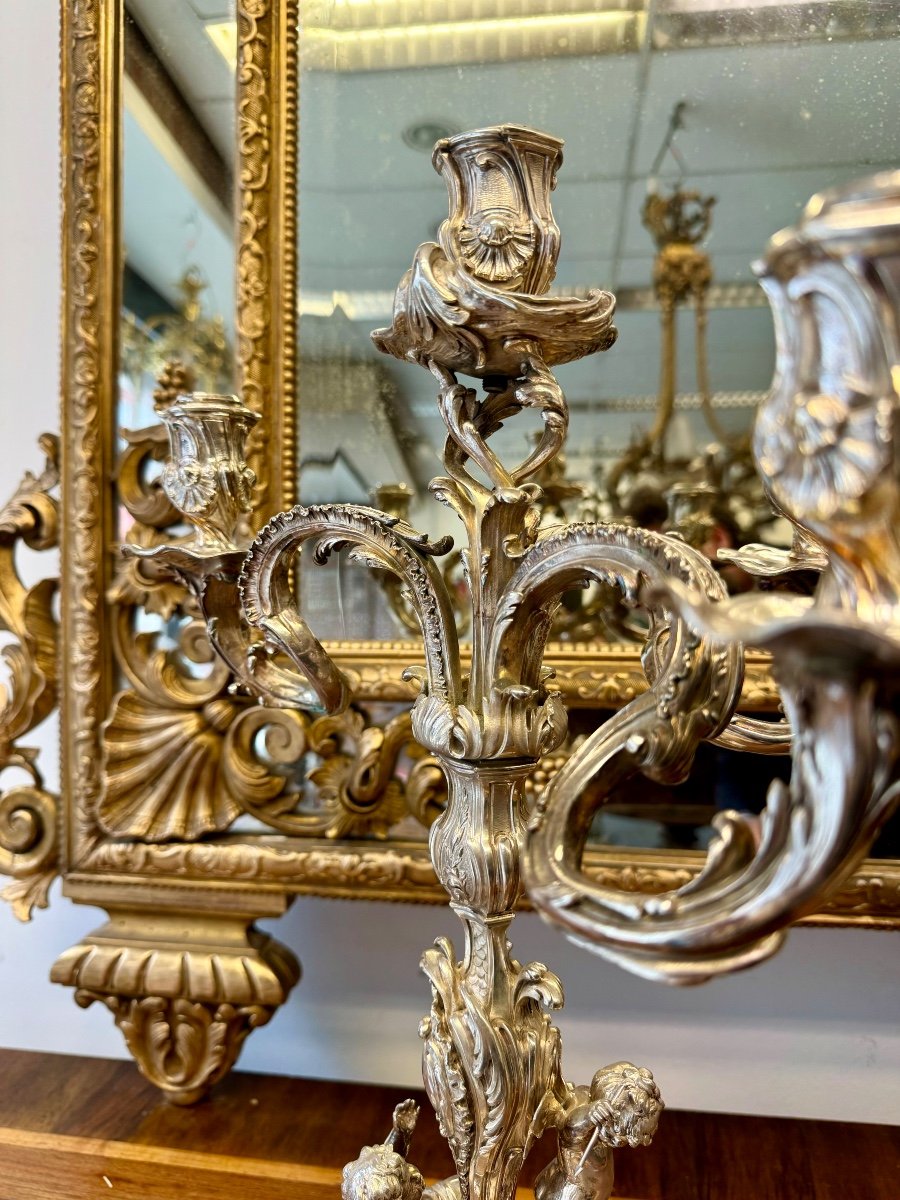 Superb Pair Of Silver-plated Bronze Candelabras -photo-4