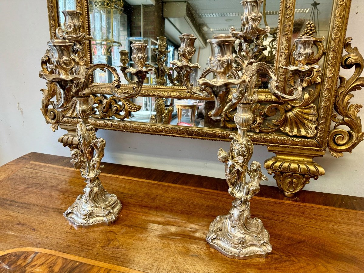 Superb Pair Of Silver-plated Bronze Candelabras 