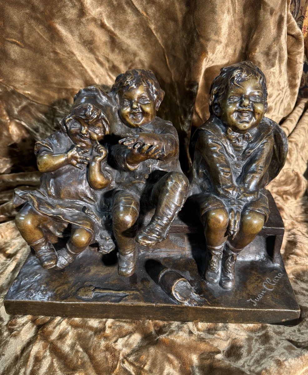 Bronze 3 Children On A Bench By Juan Clara