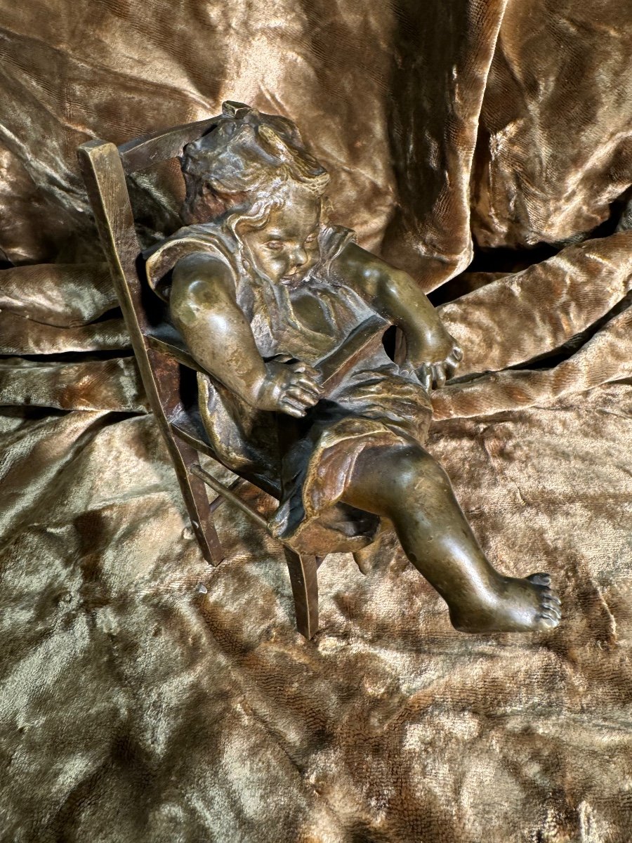 Bronze Little Girl, In A Child's Chair By Juan Clara -photo-4