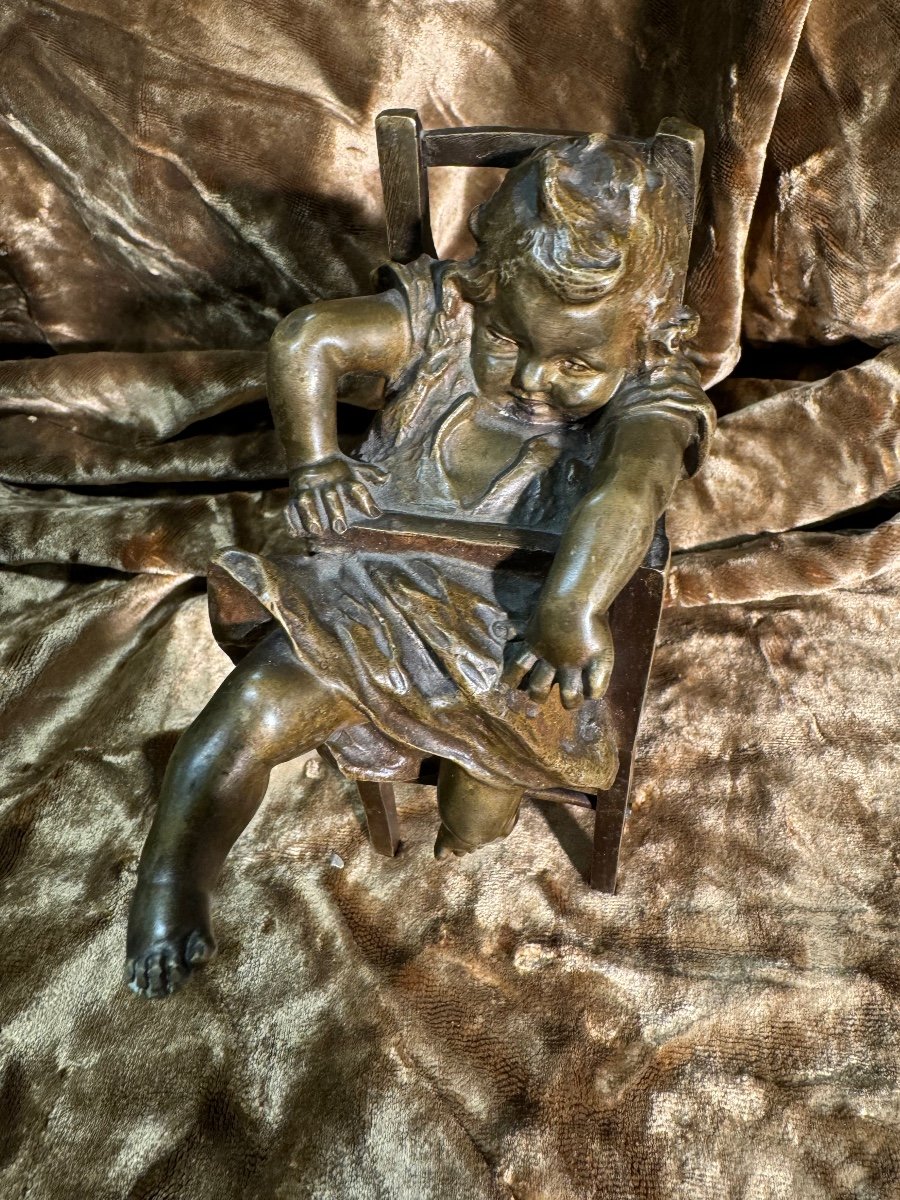 Bronze Little Girl, In A Child's Chair By Juan Clara -photo-1