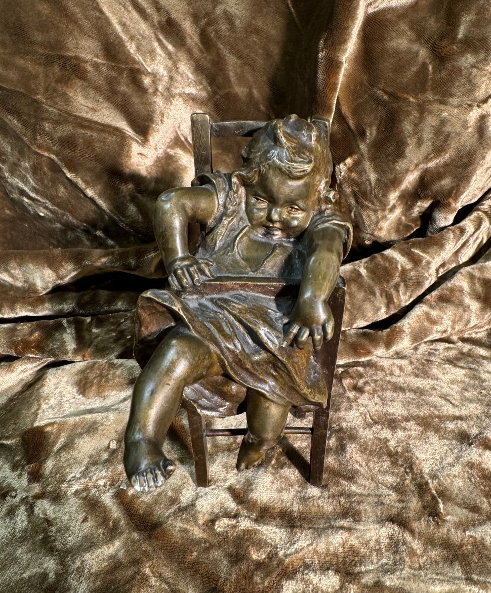 Bronze Little Girl, In A Child's Chair By Juan Clara 